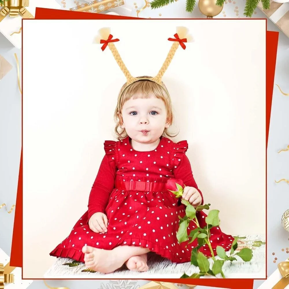 2 Pcs Christmas Headbands Blonde Pigtails with Red Bows for Holiday Party